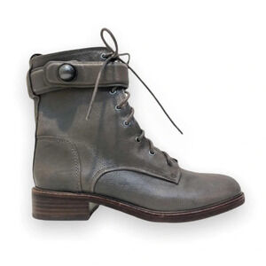 NEW Louise et Cie Combat Moto Lace Up Block Heeled Leather Gray Boot Women's 7.5